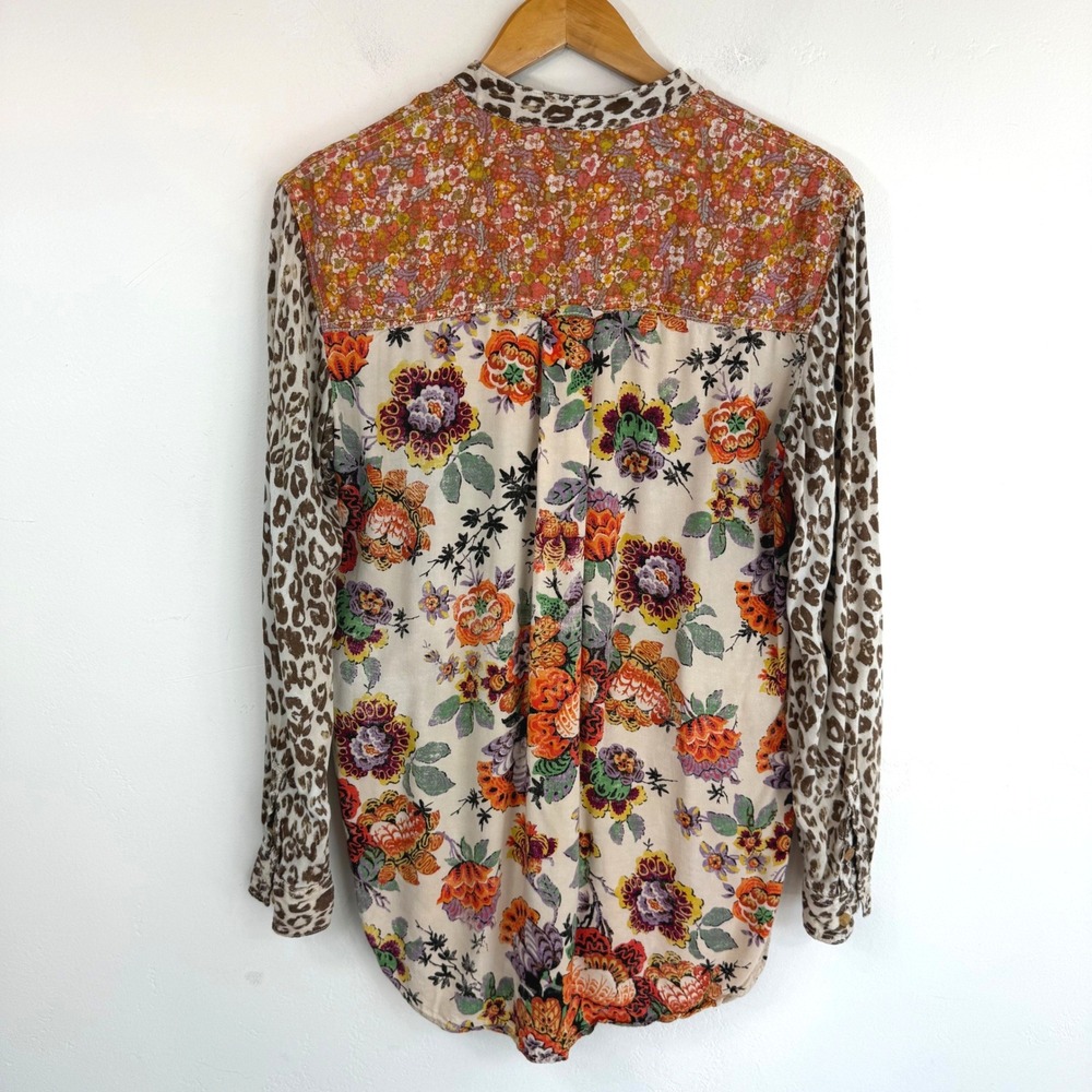 Pilcro Anthropologie Patchwork Shirt Leopard Floral Mixed Print XS Boho Eclectic - Picture 4 of 14
